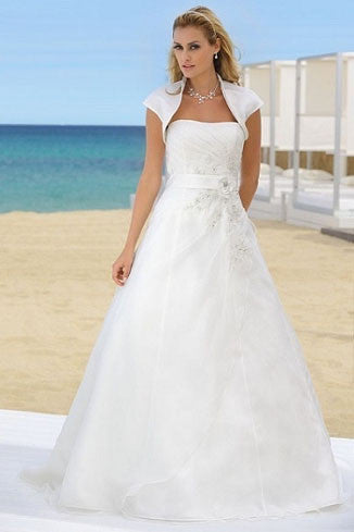 A-Line Cap-Sleeve Maxi Strapless Organza Wedding Dress With Cape And Side Draping