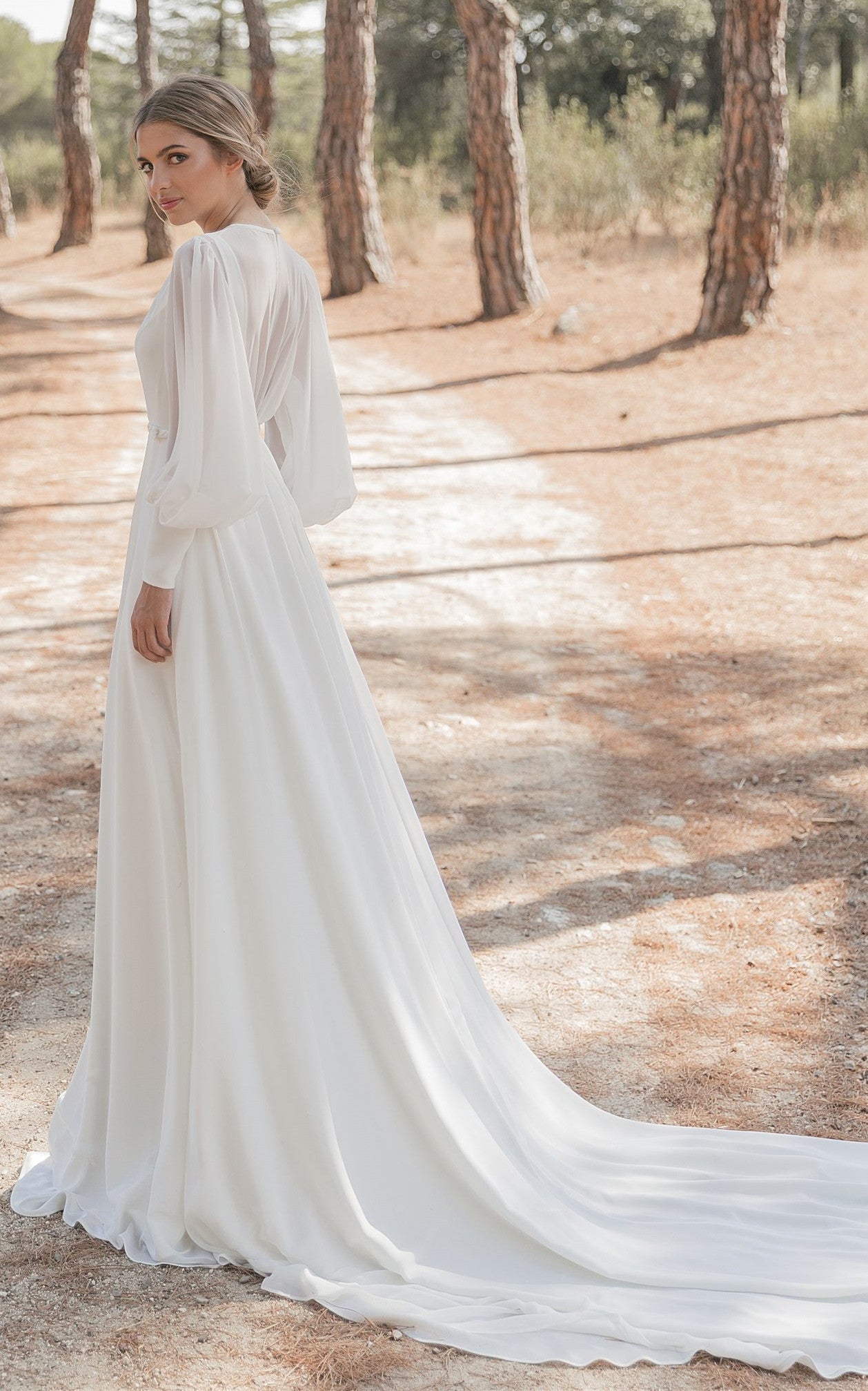 Simple A Line High Neck Chiffon Chapel Train Wedding Dress with Ruching