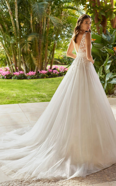 A-Line Elegant V-neck Lace Wedding Dress With Deep-V Back And Appliques