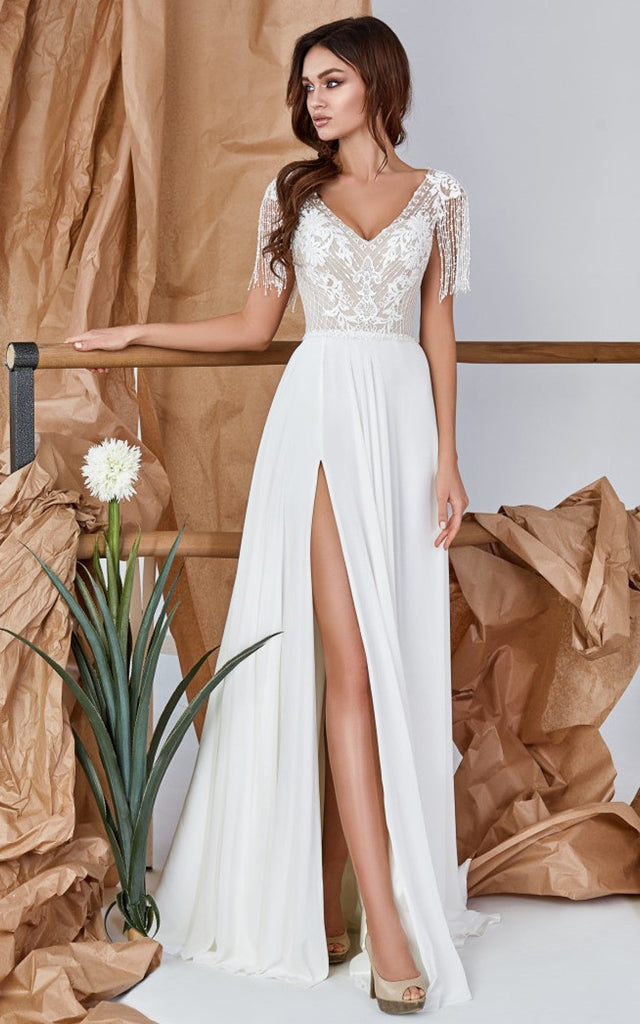 Elegant A-Line Lace Chiffon V-neck Wedding Dress with Split Front and DorrisDress Elegant A-Line Lace Chiffon V-neck Wedding Dress with Split Front and DorrisDress
