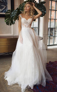 Lace Tulle Floor-length Brush Train A Line Sleeveless Casual Wedding Dress