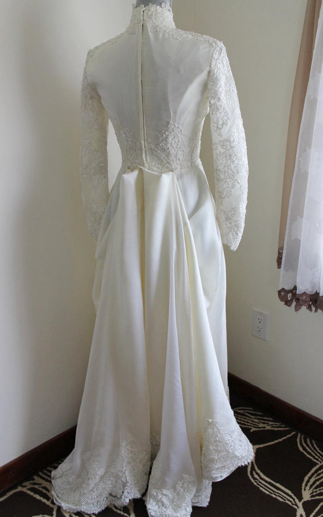 Queen Anne Neck Long Sleeve A-Line Satin Wedding Dress With Lace Hem-E DorrisDress Queen Anne Neck Long Sleeve A-Line Satin Wedding Dress With Lace Hem-E DorrisDress