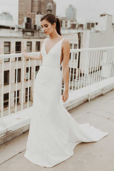 Modern Sexy Mermaid V-neck Satin Wedding Gown With Train And Deep V-back