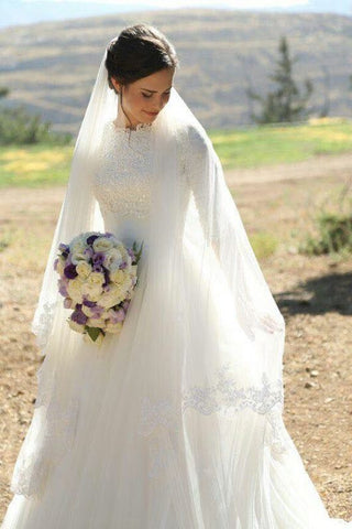 Vintage Modest High Neck Boho Lace Wedding Dress Rustic Country Tulle Bridal Gown with Appliques