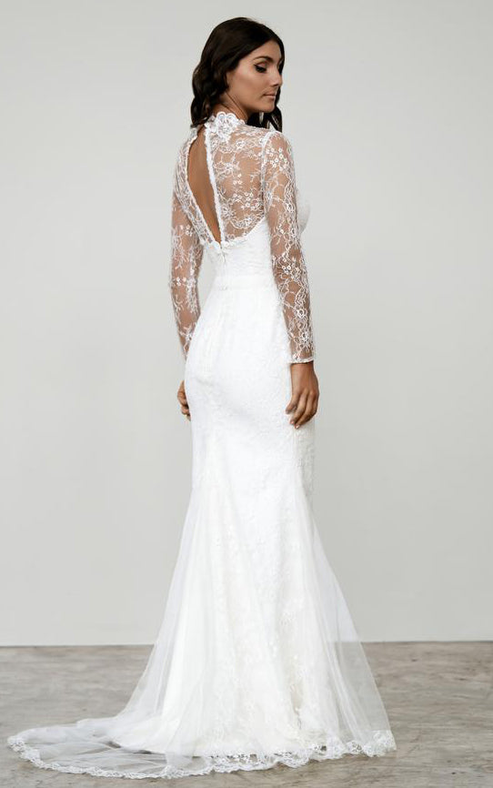 modern high neck wedding dress Modern High Neck Mermaid Long Sleeve Sweep Train Lace Wedding Dress wi –  DorrisDress