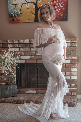 Country Off-the-shoulder Half Sleeve Lace Pleated Ruffled Maternity Wedding Dress