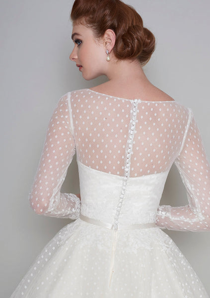 Tea Length Long Sleeve Vintage Illusion Bateau And Sweetheart Tulle Wedding Dress