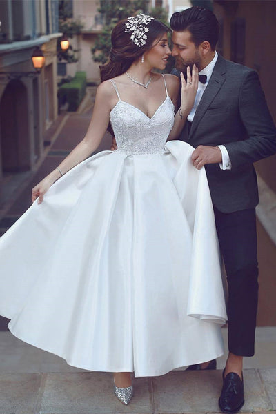Sexy Satin A-line Spaghetti Bridal Gown with Ruching and Applique