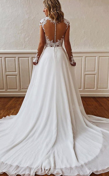 Elegant V-neck A Line Floor-length Court Train Long Sleeve Wedding Dress With Appliques