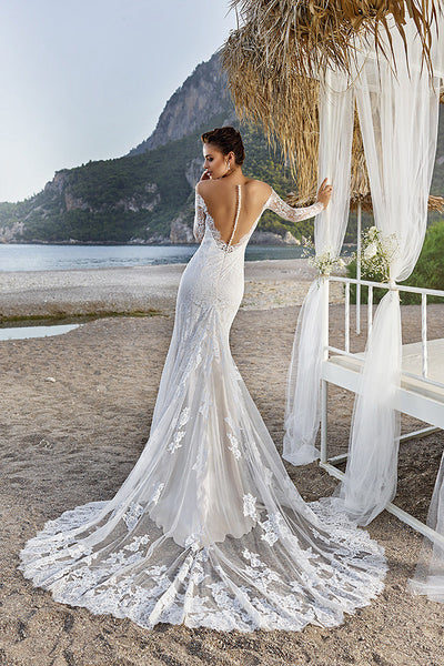 Sheath Off-The-Shoulder Long-Sleeve Lace Wedding Dress With Illusion