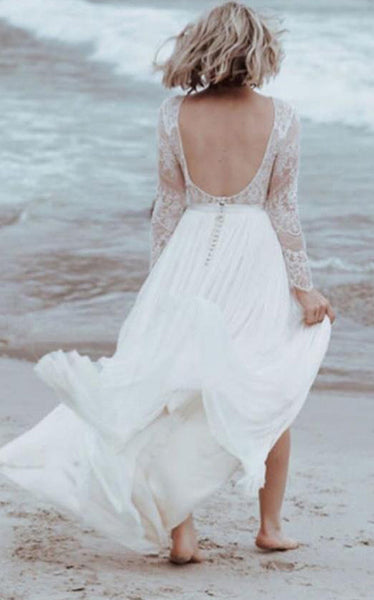 Simple A Line Bateau Tulle Lace Floor-length Long Sleeve Wedding Dress with Split Front and Pleats