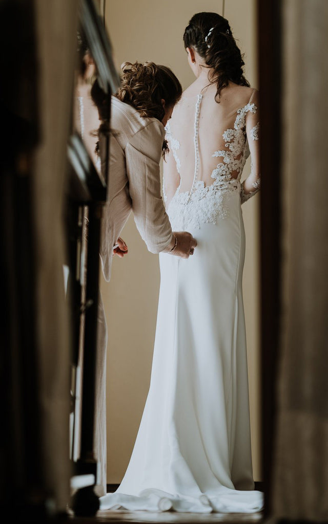 casual beach wedding dress Satin Sheath Off-the-shoulder Casual Beach Wedding Dress With Applique – DorrisDress