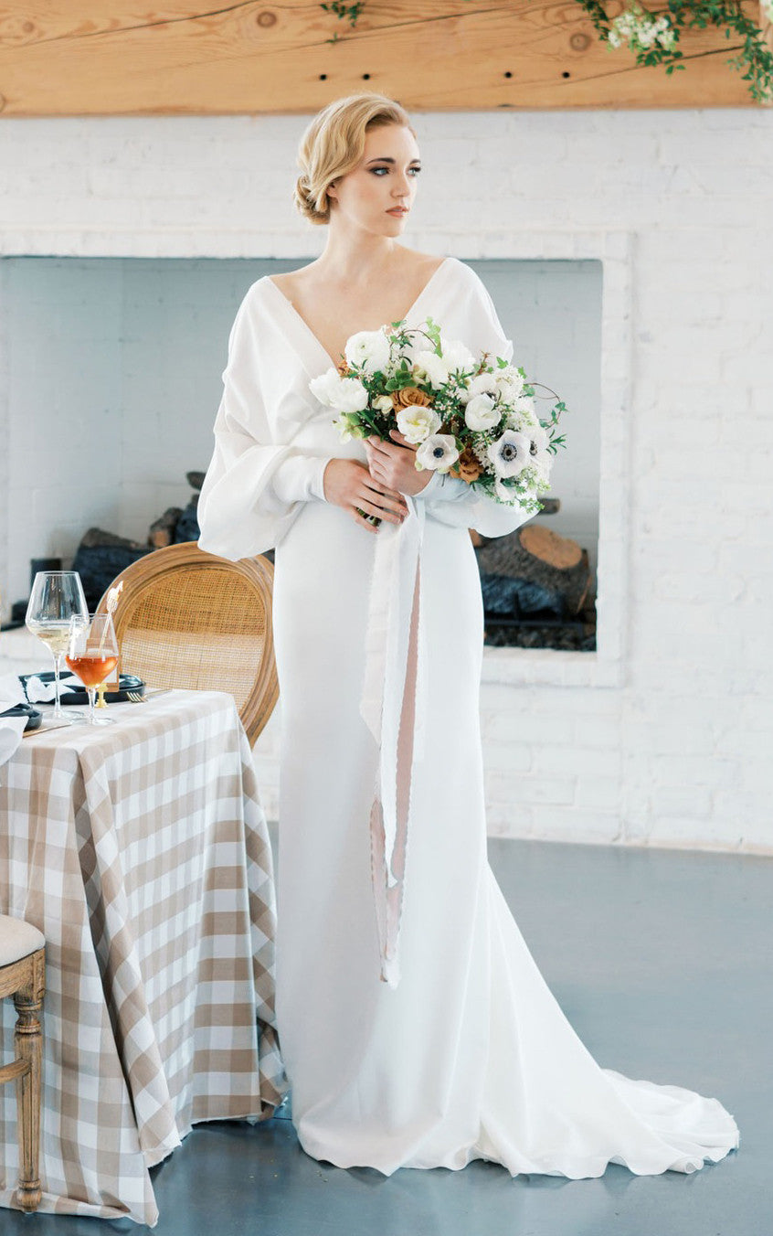 Sheath V-neck Satin Modest Wedding Dress Empire With Poet Sleeve