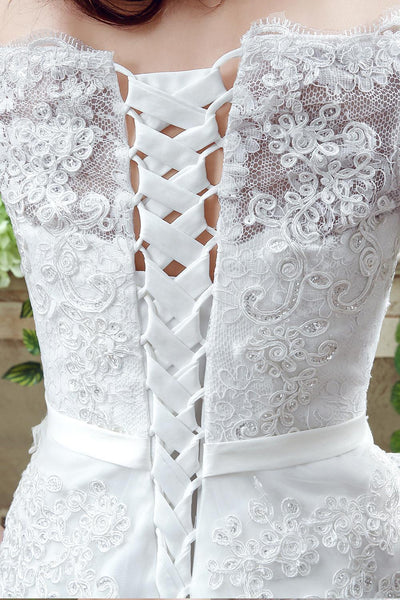 Elegant Off-the-shoulder Lace Appliques Wedding Dress 2018 Bowknot Lace-up