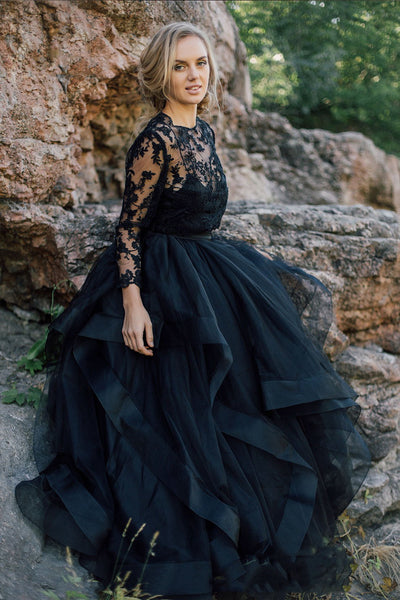A-Line Scoop Floor-length Long Sleeve Illusion Back Dress With Appliques Black Wedding Dress