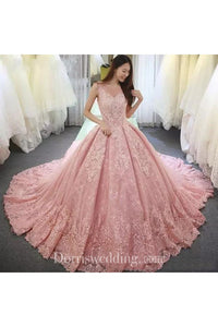 V-neck Illusion 3 4 Length Sleeve Sweep Train Lace Tulle Ball Gown Wedding Dress