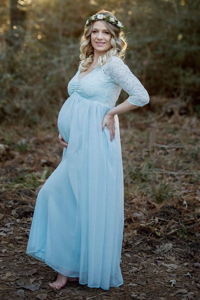 A-line V-neck Ruched Half Sleeve Floor-length Chiffon Lace Maternity Wedding Dress