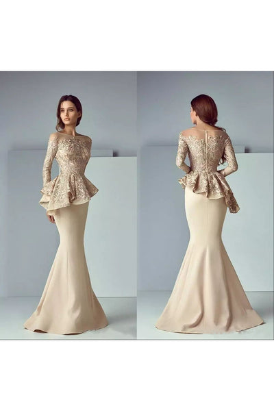 Bateau Mermaid Floor-length Long Sleeve Satin Lace Mother of the Bride Dress with Zipper Back