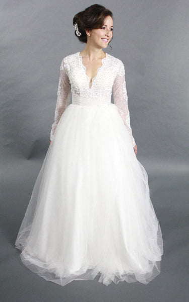 V-Neck Tulle Long Sleeve Dress With Lace Bodice