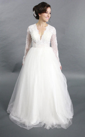 V-Neck Tulle Long Sleeve Dress With Lace Bodice