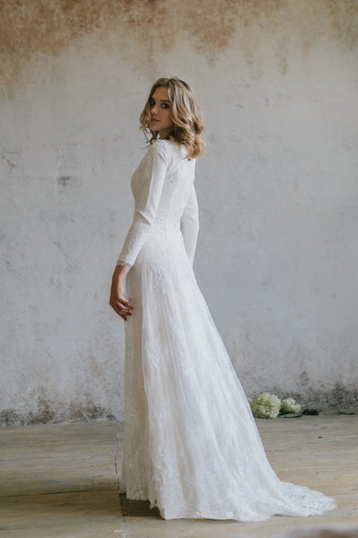 Elegant Chiffon and Lace Scoop Neckline 3/4 Sleeve Wedding Dress-715684