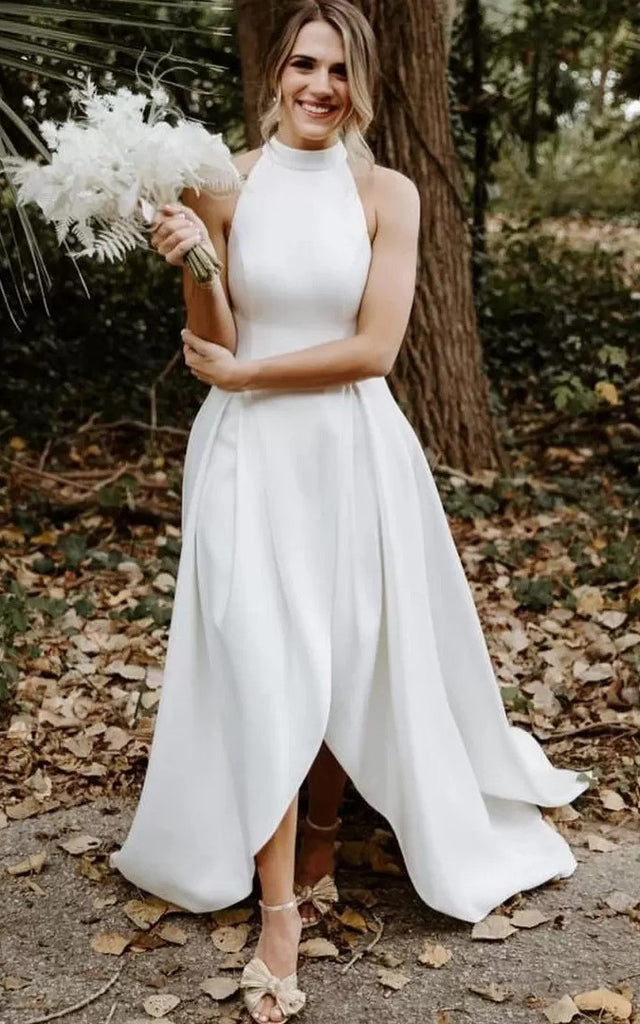 Simple A Line High-Low Satin Halter High Neck Sleeveless Wedding Dress DorrisDress Simple A Line High-Low Satin Halter High Neck Sleeveless Wedding Dress DorrisDress
