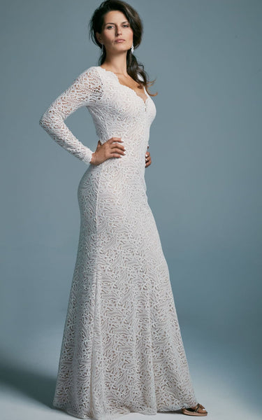 Sheath Lace Elegant V-neck Sheath Wedding Dress With Low-V Back And Illusion Sleeve
