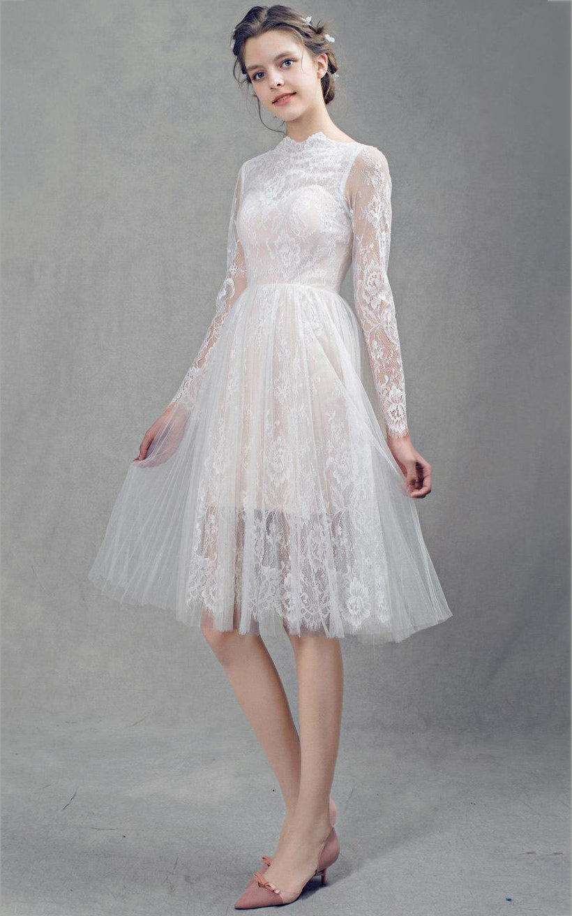 French Lace Short Tulle Wedding With Sleeves Dress-711892 DorrisDress French Lace Short Tulle Wedding With Sleeves Dress-711892 DorrisDress