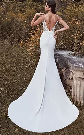 Mermaid Spaghetti Satin Wedding Dress Casual Sexy Elegant Country Summer With Open Back And Sleevesless And Appliques