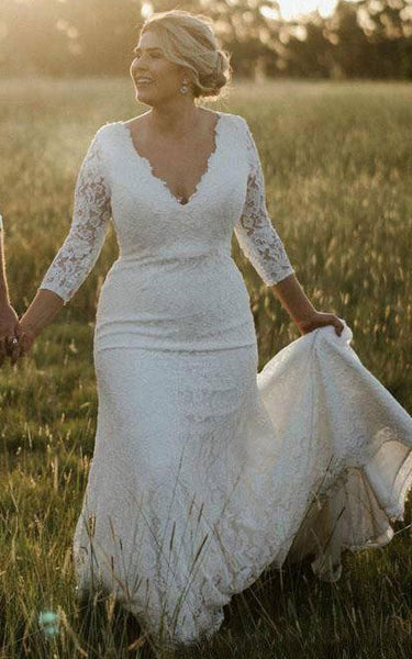 Modest Mermaid V-neck Lace Floor-length Court Train Zipper Wedding Dress