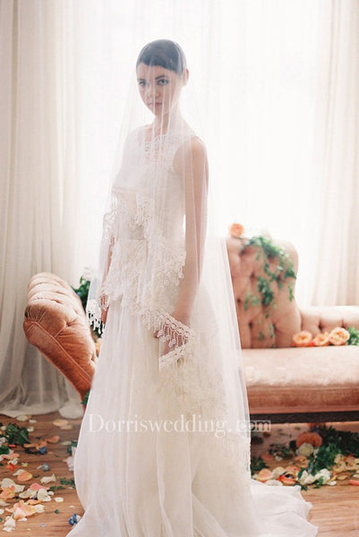 Western Style New Lace Applique Wedding Travel Studio Style Soft Tulle Veil