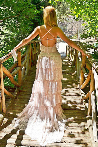 Spaghetti Tired Lace Vintage Wedding Dress With Sweep Train