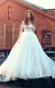 Ball Gown Short Off-The-Shoulder Sleeveless Bell Pleats Appliques Backless Tulle Lace Dress