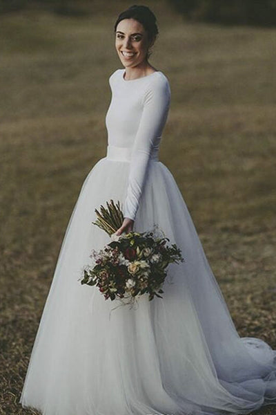 Elegant Long Sleeve Fitted Modest Jersey And Tulle Wedding Dress