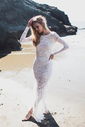 Lace Sheath Front Split Fitted Long Sleeve Bridal Gown-715741 – DorrisDress