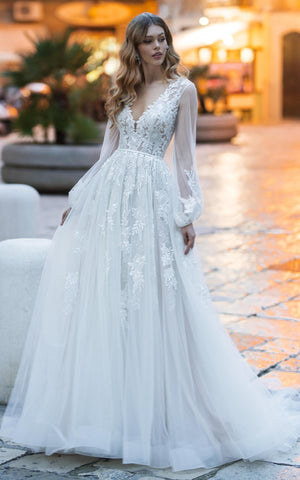Romantic V-neck A Line Lace Court Train Wedding Dress with Appliques