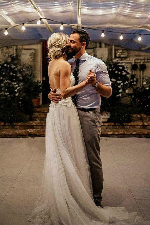 Tulle Wedding Dress With Deep V-neck Open Back And Flowers And Lace Ap –  DorrisDress