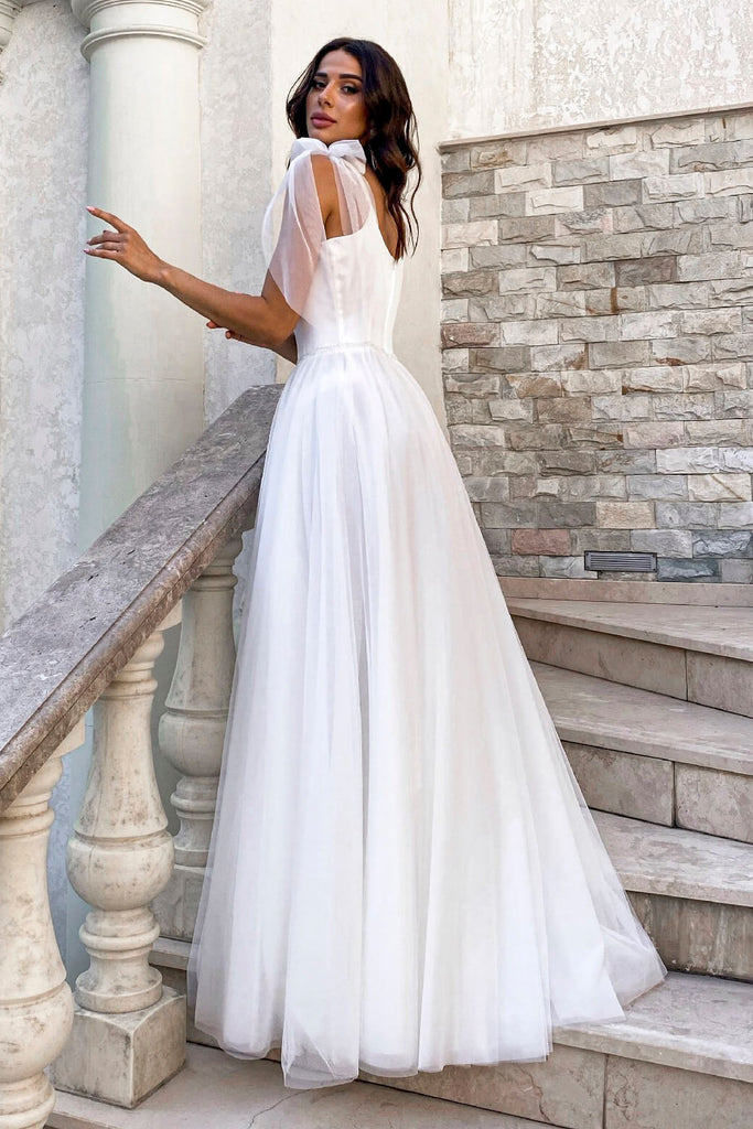 Spaghetti Satin Tulle V-neck Simple And Cute Wedding Dress With Bows O – DorrisDress Spaghetti Satin Tulle V-neck Simple And Cute Wedding Dress With Bows O – DorrisDress