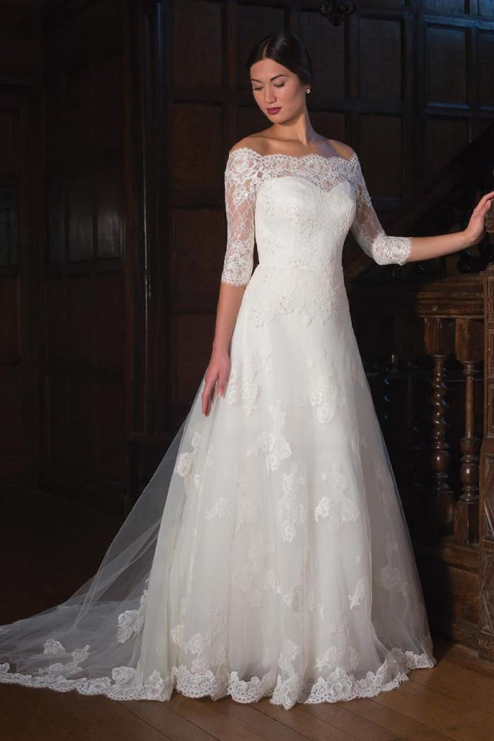 A-Line 3-4-Sleeve Off-The-Shoulder Lace&Tulle Wedding Dress With Illusion-MK_703047 A-Line 3-4-Sleeve Off-The-Shoulder Lace&Tulle Wedding Dress With Illusion-MK_703047