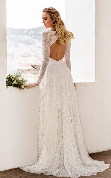 Bohemian A Line Lace Long Sleeve Scoop Floor-length Wedding Dress with Keyhole and Sweep Train