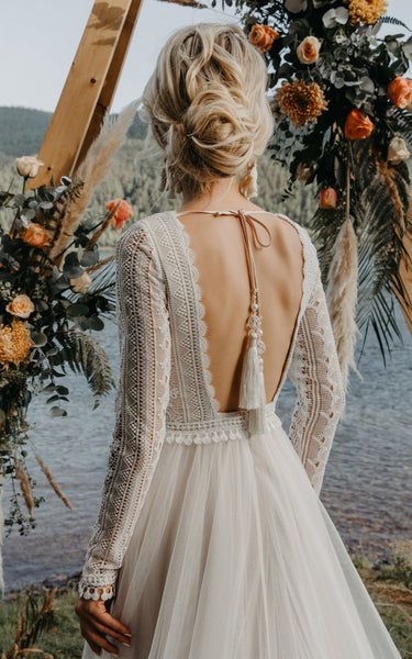 Casual A-Line Tulle Wedding Dress With Illusion Long Sleeves And Open Back 