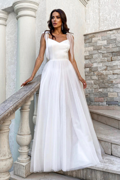 Spaghetti Satin Tulle V-neck Simple And Cute Wedding Dress With Bows On Shoulder