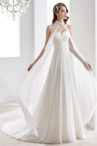 Romantic Flowy Draping Chiffon A-Line High Neck Sweetheart Empire Wedding Dress with Beaded Detail