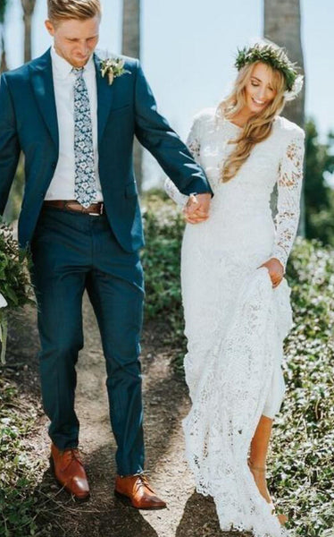Bohemian Modern Sheath Lace Jewel Long Sleeve Floor-length Wedding Dress