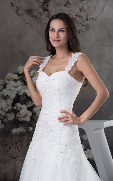 Strapped Lace A-Line Gown with Beading and Court Train