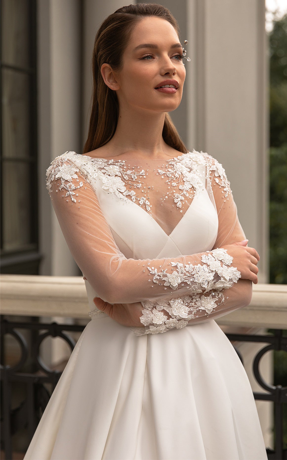 Modern Modest A-Line Illusion Long Sleeve Boho Wedding Dress Elegant U   DorrisDress