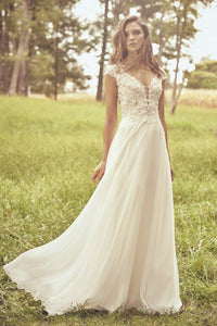 Appliqued Cap Sleeve Illusion Plunging Neckline And Illusion Back Lace Chiffon Wedding Dress