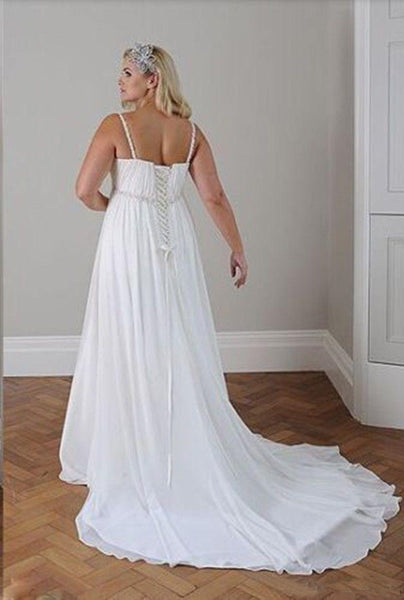 Plus Size Spaghetti Crystal Beaded Chiffon Empire Waist Wedding Gown