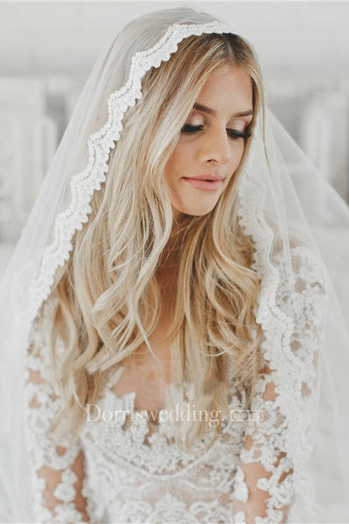 New Schiffli Lace Applique Soft Bridal Tulle Veil
