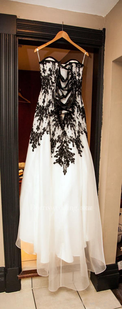 vintage black and white wedding dresses Gothic Black and White Wedding Dress Plus Size Strapless Sweep Train Bridal Gown
